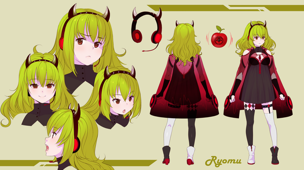 Anime picture 2500x1396 with utau eventh7 single long hair looking at viewer blush highres open mouth smile red eyes wide image horn (horns) green hair girl headphones