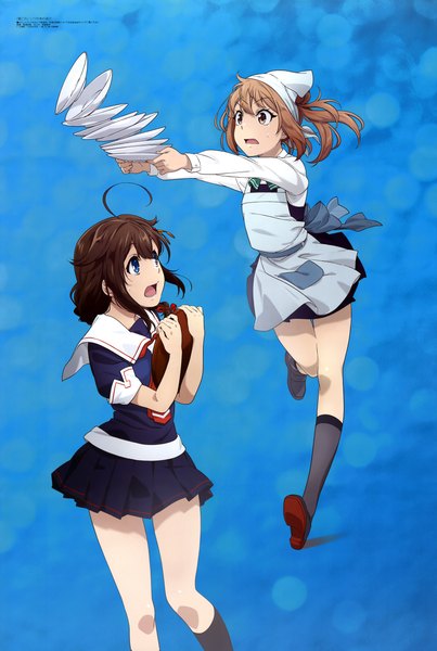 Anime picture 6062x9034 with kantai collection megami magazine shigure destroyer michishio destroyer noumi chika long hair tall image fringe highres open mouth blue eyes simple background hair between eyes brown hair standing multiple girls holding brown eyes payot absurdres