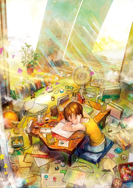 Anime picture 1200x1694 with original neyagi single tall image short hair brown hair bare shoulders eyes closed sleeping detailed girl plant (plants) glasses food shoes shorts sweets book (books) cat toy