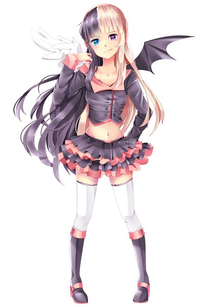 Anime picture 900x1273 with original aruella single long hair tall image blush blue eyes black hair simple background blonde hair smile white background purple eyes pleated skirt multicolored hair two-tone hair midriff heterochromia angel wings demon wings