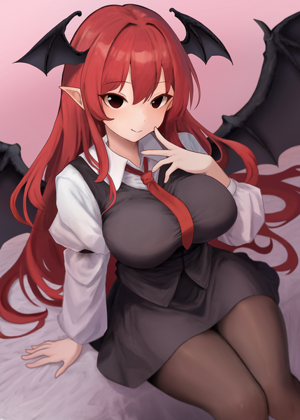 Anime picture 2000x2800 with touhou koakuma moriforest1040 single long hair tall image fringe highres breasts light erotic hair between eyes large breasts sitting red hair from above pointy ears black eyes head wings demon wings girl