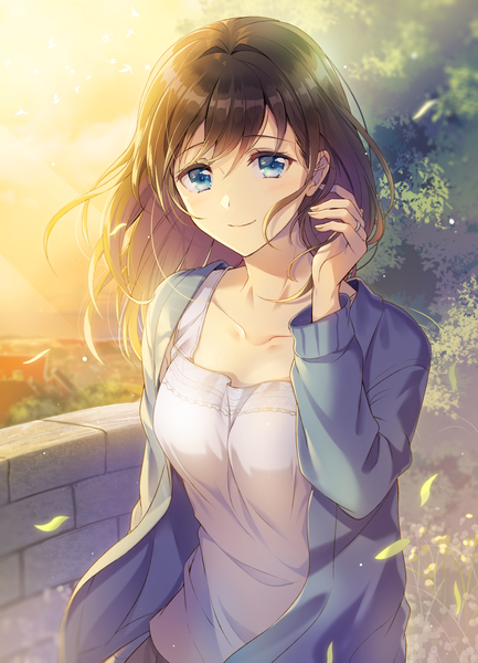 Anime picture 939x1300 with original mono lith single long hair tall image looking at viewer blush fringe breasts blue eyes smile hair between eyes brown hair standing upper body outdoors wind sunlight adjusting hair girl