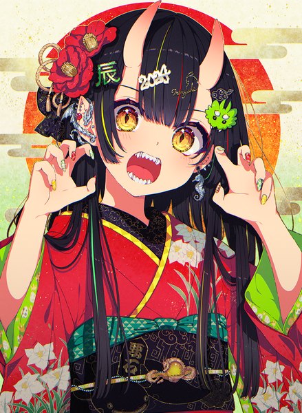 Anime picture 1000x1368 with original mamyouda single long hair tall image looking at viewer fringe open mouth black hair yellow eyes upper body nail polish traditional clothes japanese clothes hair flower horn (horns) teeth piercing floral print ear piercing