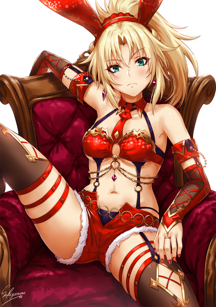 Anime picture 1100x1556 with fate (series) fate/grand order mordred (fate) sakiyamama single long hair tall image looking at viewer blush fringe breasts light erotic blonde hair simple background hair between eyes white background sitting bare shoulders green eyes signed
