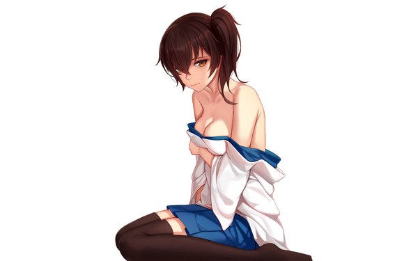 Anime picture 2960x1850 with kantai collection kaga aircraft carrier nian (zhanian) single long hair looking at viewer fringe highres breasts light erotic black hair simple background large breasts white background sitting bare shoulders brown eyes pleated skirt hair over one eye no shoes