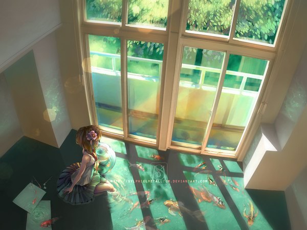 Anime picture 1333x1000 with original sylphielmetallium single short hair brown hair looking away hair flower from above inscription girl hair ornament plant (plants) tree (trees) water serafuku window fish (fishes)