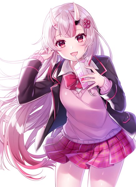 Anime picture 726x1000 with virtual youtuber hololive nakiri ayame usano single long hair tall image looking at viewer fringe open mouth simple background red eyes white background silver hair :d pleated skirt multicolored hair horn (horns) streaked hair oni horns
