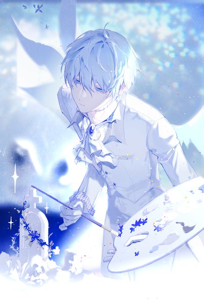 Anime picture 2480x3700 with original byuey single tall image fringe highres short hair blue eyes hair between eyes silver hair ahoge sparkle looking down scar boy neckerchief sleeve cuffs paintbrush palette