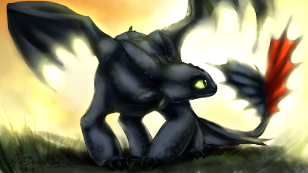 Anime picture 1280x720 with how to train your dragon dreamworks toothless mergreze wide image signed yellow eyes looking away looking back inscription no people black wings morning sunrise dragon wings plant (plants) wings grass dragon prosthesis