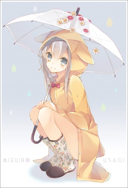 Anime picture 1000x1462 with original enomoto hina single long hair tall image blush blue eyes smile looking away grey hair inscription border squat girl flower (flowers) hood umbrella cloak rubber boots