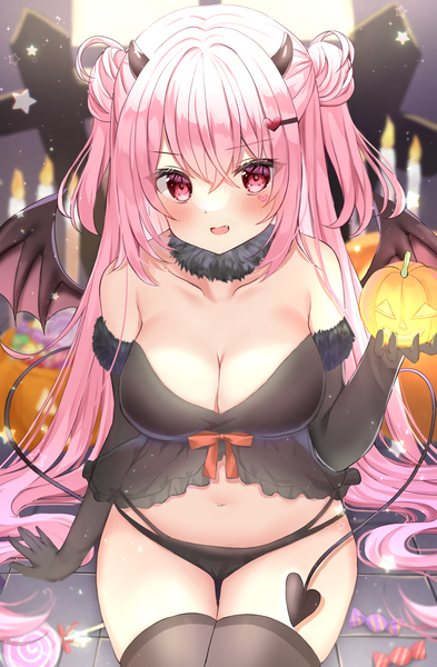 Anime picture 1200x1830 with original hamico single long hair tall image blush fringe breasts open mouth light erotic hair between eyes large breasts holding pink hair tail :d pink eyes horn (horns) arm support two side up