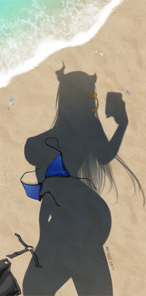 Anime picture 1732x3508 with virtual youtuber hololive hololive english nerissa ravencroft myth1carts single long hair tall image highres breasts light erotic large breasts standing signed outdoors horn (horns) shadow beach meme dressed shadow (meme)