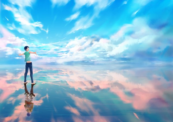 Anime picture 2000x1414 with shingeki no kyojin production i.g eren yaeger tagme (artist) single highres short hair open mouth black hair sky cloud (clouds) happy reflection spread arms laughing boy uniform water boots thigh boots