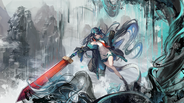 Anime picture 2534x1426 with arknights dusk (arknights) kyusoukyu single fringe highres black hair red eyes wide image full body bent knee (knees) tail very long hair horn (horns) pointy ears hair over one eye dragon girl dragon tail girl weapon