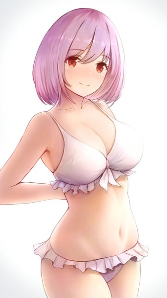 Anime picture 1681x2988 with gridman universe ssss.gridman studio trigger shinjou akane kannko bokujou single tall image looking at viewer blush fringe short hair breasts light erotic simple background hair between eyes red eyes large breasts standing white background pink hair