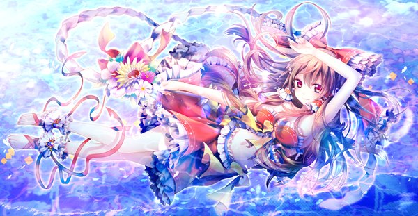 Anime picture 1058x550 with touhou hakurei reimu riichu single long hair looking at viewer smile brown hair wide image barefoot arms up armpit (armpits) midriff multicolored girl skirt navel flower (flowers) bow ribbon (ribbons)