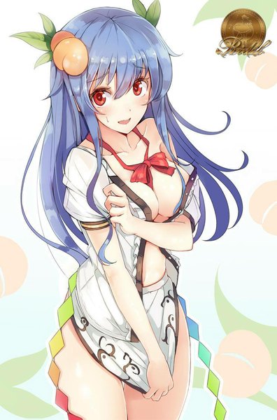 Anime picture 743x1126 with touhou hinanawi tenshi nakaichi (ridil) single long hair tall image looking at viewer blush open mouth light erotic simple background smile red eyes blue hair very long hair censored off shoulder open clothes short sleeves sweat
