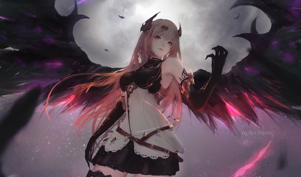 Anime picture 1373x810 with shingeki no bahamut dark angel olivia aoi ogata single long hair fringe hair between eyes red eyes wide image standing signed looking away pink hair pleated skirt multicolored hair arm up horn (horns) lips blurry from below