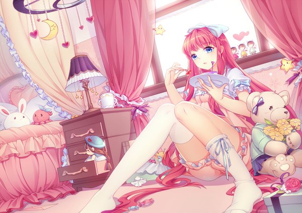 Anime picture 2000x1414 with shirajira (pixiv7181724) single looking at viewer fringe highres blue eyes sitting holding pink hair very long hair parted lips no shoes floor knees touching asymmetrical clothes girl thighhighs flower (flowers) ribbon (ribbons) bow