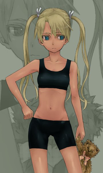 Anime picture 722x1209 with gunslinger girl madhouse triela yu (pixivid 2548268) single long hair tall image blue eyes light erotic blonde hair twintails bare shoulders looking away girl navel ribbon (ribbons) hair ribbon toy stuffed animal stuffed toy