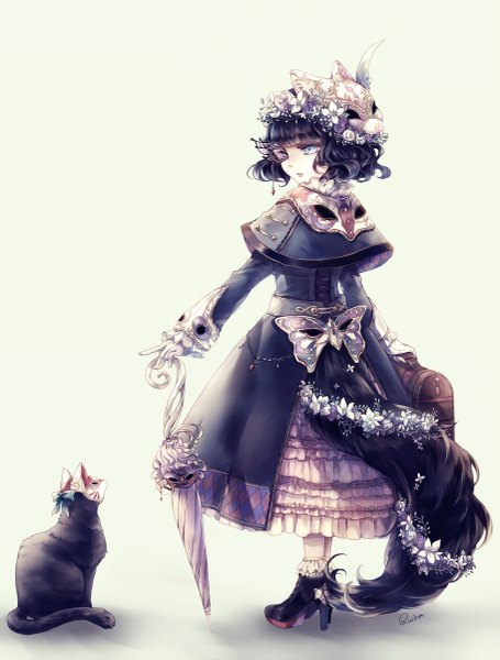 Anime picture 911x1200 with original kuina (escapegoat) single tall image short hair blue eyes black hair looking away tail animal tail mask on head closed umbrella girl dress flower (flowers) animal shoes umbrella cat mask