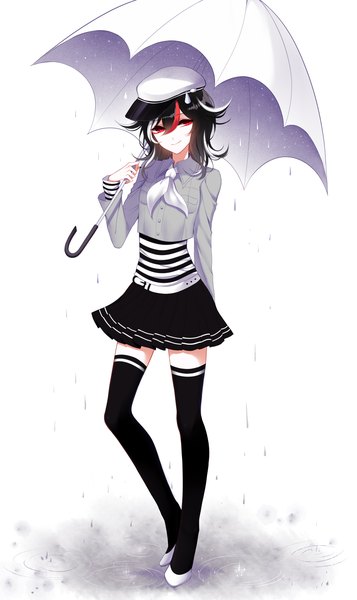 Anime picture 2800x4700 with touhou kijin seija sheya single long hair tall image fringe highres black hair smile hair between eyes red eyes standing white background holding full body long sleeves pleated skirt multicolored hair horn (horns)