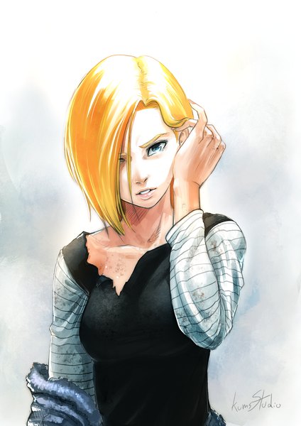 Anime picture 1654x2339 with dragon ball dragon ball z android 18 kumsmkii single tall image looking at viewer fringe short hair blue eyes simple background blonde hair white background signed upper body long sleeves parted lips hair over one eye torn clothes adjusting hair