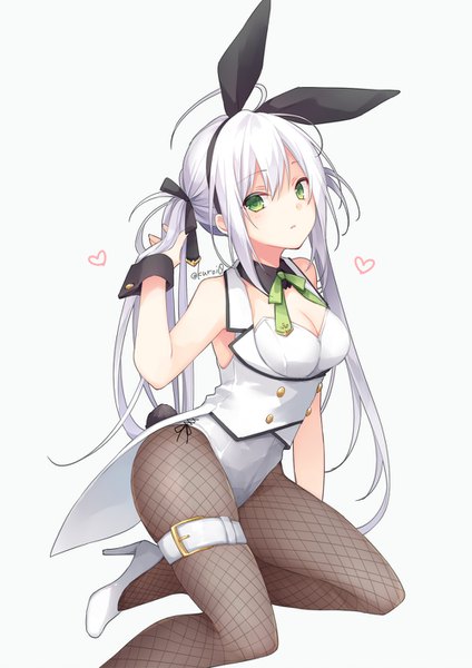 Anime picture 1000x1414 with original kuroi (liar-player) single long hair tall image looking at viewer blush fringe breasts light erotic simple background hair between eyes white background sitting twintails bare shoulders green eyes signed animal ears payot