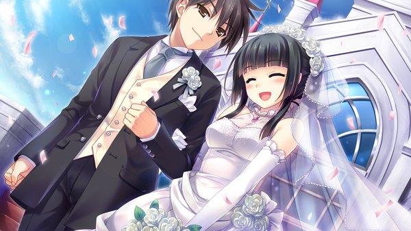 Anime picture 2048x1152 with guardian place skyfish (studio) suminoin ouka saeki hokuto long hair blush highres short hair open mouth black hair wide image brown eyes game cg eyes closed couple girl dress boy gloves flower (flowers)