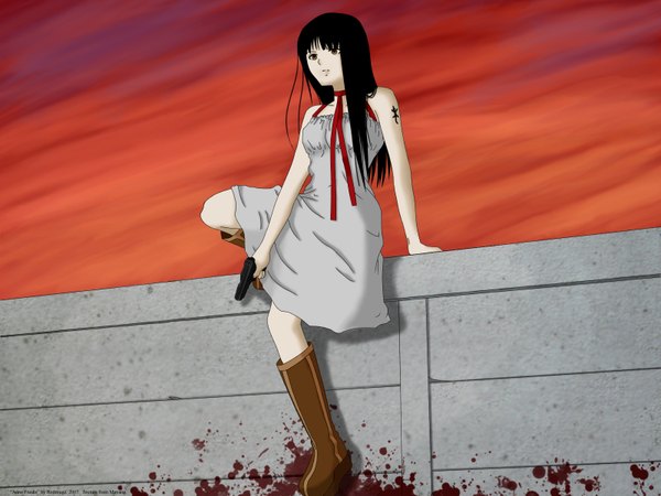 Anime picture 1600x1200 with black hair girl dress weapon gun blood pistol fence