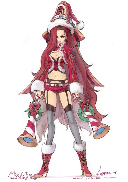 Anime picture 1200x1697 with league of legends miss fortune (league of legends) loiza single tall image looking at viewer breasts light erotic simple background red eyes white background red hair very long hair lips fur trim christmas merry christmas girl thighhighs navel
