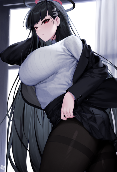 Anime picture 2866x4200 with blue archive rio (blue archive) izulizuru single long hair tall image looking at viewer fringe highres breasts light erotic black hair red eyes large breasts standing signed indoors blunt bangs long sleeves parted lips