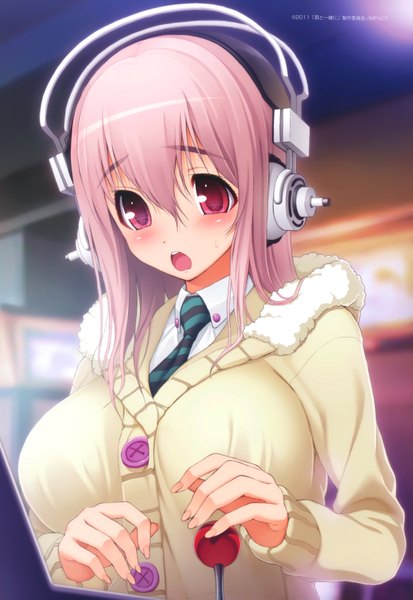 Anime picture 4796x6968 with nitroplus super sonico tsuji santa single long hair tall image blush highres open mouth light erotic red eyes pink hair absurdres girl necktie headphones sweater