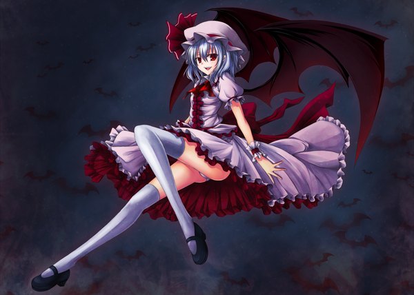 Anime picture 1680x1200 with touhou remilia scarlet utakata (kochou no yume) single short hair open mouth light erotic red eyes blue hair pantyshot sitting frilled dress girl thighhighs dress skirt underwear panties white thighhighs wings frills