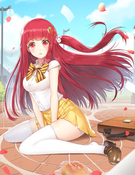 Anime picture 700x903 with original carchet single long hair tall image looking at viewer fringe breasts red eyes sky cloud (clouds) outdoors red hair blunt bangs pleated skirt wind one side up between legs surprised girl