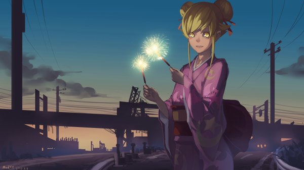 Anime picture 2560x1440 with bakemonogatari shaft (studio) monogatari (series) oshino shinobu madyy single long hair looking at viewer highres blonde hair wide image signed yellow eyes sky hair bun (hair buns) wallpaper festival girl obi yukata