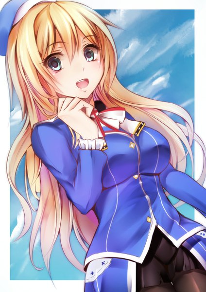 Anime picture 868x1228 with kantai collection atago heavy cruiser suitenjh single long hair tall image looking at viewer blush fringe breasts open mouth blonde hair large breasts green eyes sky cloud (clouds) happy framed hand on face girl