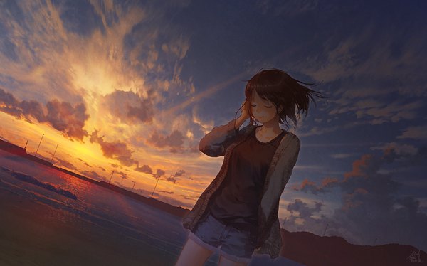 Anime picture 1200x748 with original mocha (cotton) single fringe short hair brown hair wide image signed sky cloud (clouds) outdoors eyes closed wind sunlight open clothes dutch angle beach evening sunset scenic