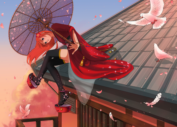 Anime picture 1700x1226 with gintama sunrise (studio) kagura (gintama) marmalade (elfless vanilla) single long hair looking at viewer blue eyes sitting red hair traditional clothes japanese clothes hair flower crossed legs girl thighhighs hair ornament flower (flowers) black thighhighs animal