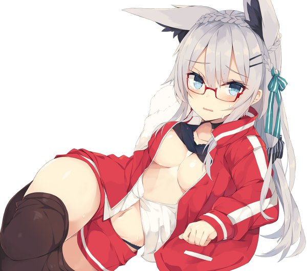 Anime picture 1200x1058 with original nibiiro shizuka single long hair blush fringe breasts open mouth blue eyes light erotic simple background hair between eyes large breasts white background animal ears payot silver hair braid (braids) sweat fox ears