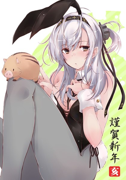 Anime picture 600x858 with kantai collection suzutsuki (kancolle) yumesato makura single long hair tall image looking at viewer fringe light erotic hair between eyes sitting animal ears silver hair tail animal tail black eyes bunny ears one side up new year bunny tail
