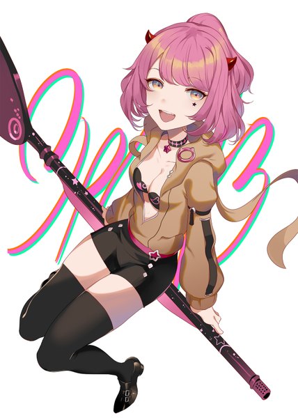 Anime picture 1200x1680 with girls frontline mp-443 (girls frontline) hillly (maiwetea) single tall image looking at viewer short hair open mouth light erotic white background sitting pink hair cleavage full body :d horn (horns) from above orange eyes half updo girl