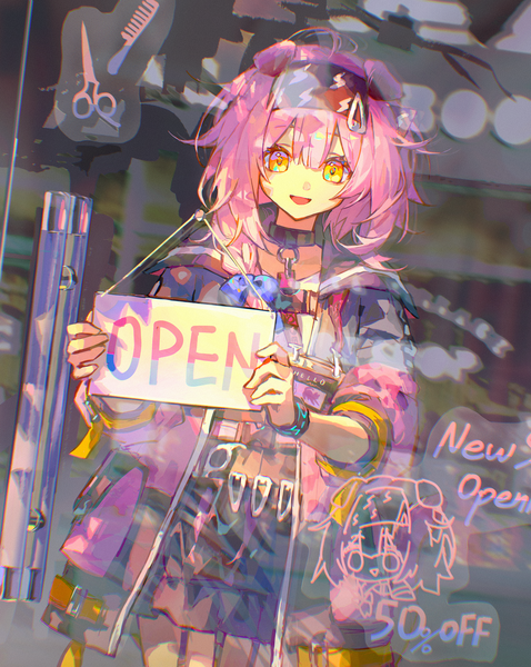 Anime picture 2772x3481 with arknights goldenglow (arknights) dogdogbhh single long hair tall image looking at viewer fringe highres open mouth hair between eyes animal ears yellow eyes pink hair indoors braid (braids) :d cat ears cat girl single braid