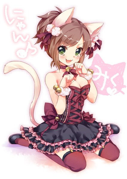 Anime picture 627x886 with idolmaster idolmaster cinderella girls maekawa miku ech single tall image blush short hair breasts open mouth light erotic simple background smile brown hair white background sitting bare shoulders green eyes animal ears cleavage