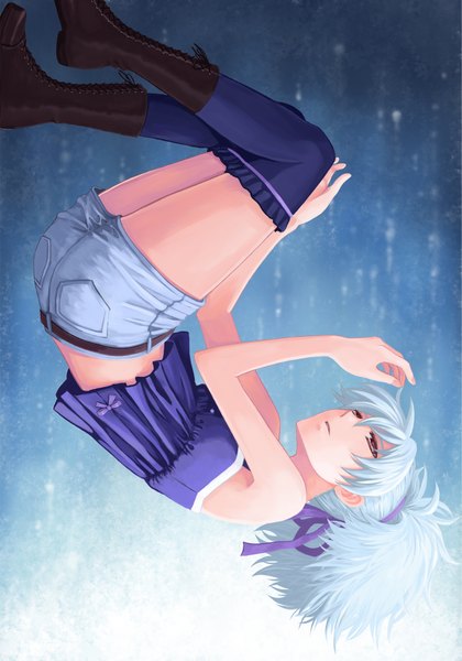 Anime picture 1281x1828 with darker than black studio bones yin (darker than black) 108 (pixiv) single tall image silver hair ponytail falling girl thighhighs ribbon (ribbons) shorts boots