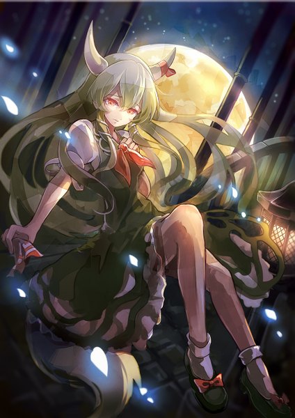 Anime picture 1000x1414 with touhou kamishirasawa keine ex-keine 60mai long hair tall image fringe red eyes looking away bent knee (knees) white hair tail animal tail horn (horns) green hair short sleeves puffy sleeves fox tail girl plant (plants)