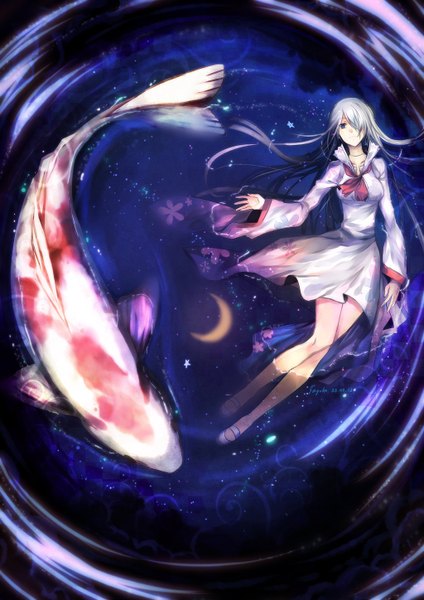 Anime picture 1024x1448 with loxsiana (artist) single long hair tall image fringe breasts silver hair aqua eyes from above hair over one eye bare legs wet legs reflection crescent girl dress flower (flowers) water shoes