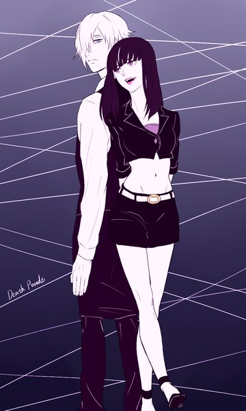 Anime picture 800x1333 with death parade madhouse decim (death parade) kurokami no onna saaya (32308) tall image fringe blue eyes black hair smile looking away white hair parted lips pink eyes hair over one eye bare belly copyright name hands behind back back to back girl