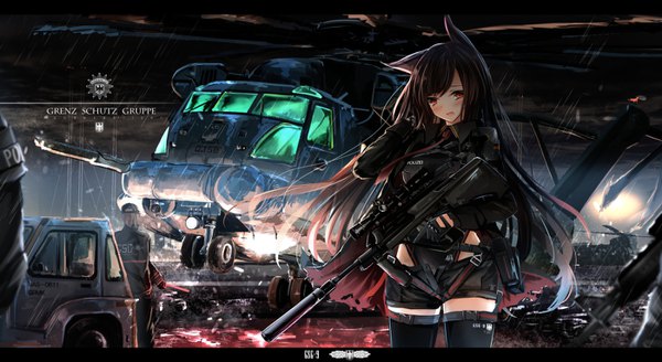 Anime picture 1400x766 with original haguruma (hagurumali) single long hair looking at viewer blush fringe open mouth red eyes brown hair wide image standing animal ears outdoors cat ears zettai ryouiki letterboxed rain military girl