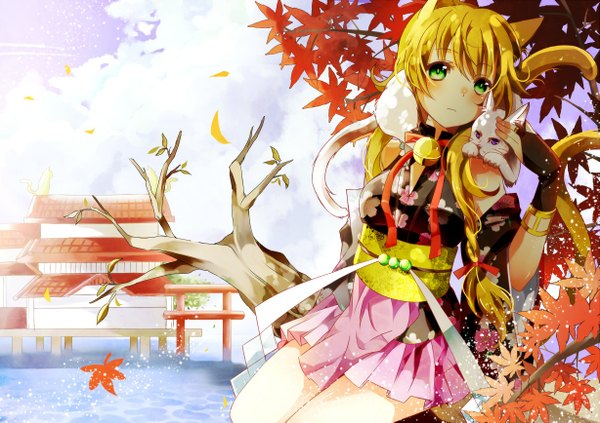 Anime picture 1227x867 with original mashiro aa long hair blush fringe blonde hair sitting green eyes animal ears looking away sky cloud (clouds) braid (braids) traditional clothes japanese clothes cat girl autumn girl gloves ribbon (ribbons)